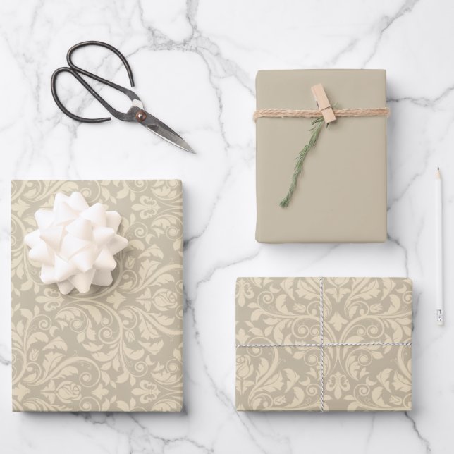 Cream Damask Wrapping Paper Sheet (Front)