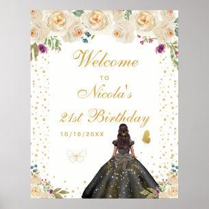 Cream Dark Skin Girl Birthday Party Welcome Poster