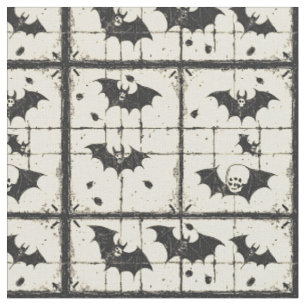 Cream Denim Grunge Patchwork with Bats (2) Fabric