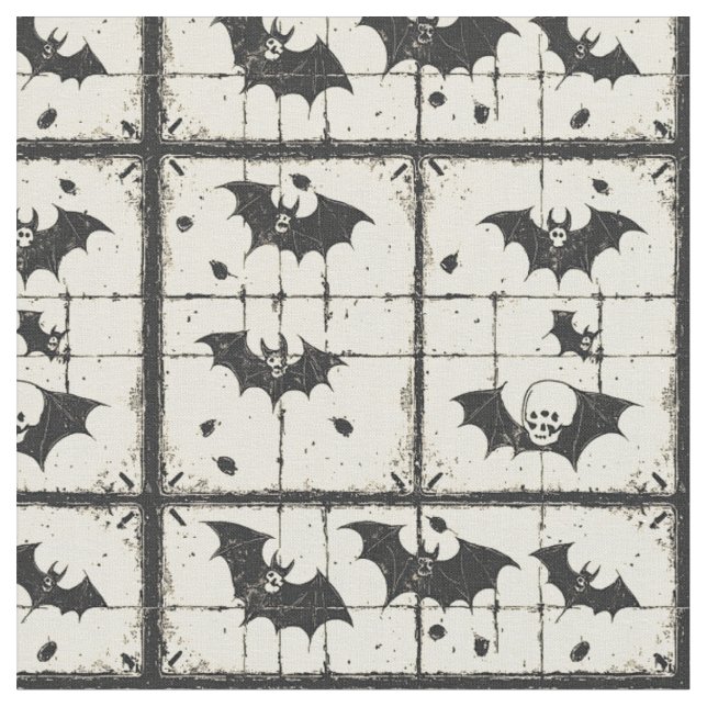 Cream Denim Grunge Patchwork with Bats (2) Fabric (Close Up)