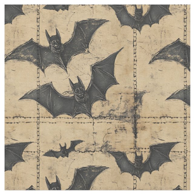 Cream Denim Grunge Patchwork with Bats Fabric (Close Up)