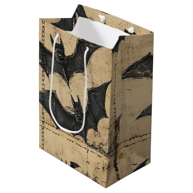 Cream Denim Grunge Patchwork with Bats Medium Gift Bag (Front Angled)