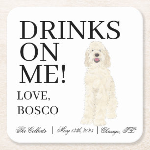 Cream Doodle Dog Wedding Square Paper Coaster