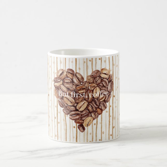 Cream Dots Stripes First Coffee Beans Heart Mug (Center)