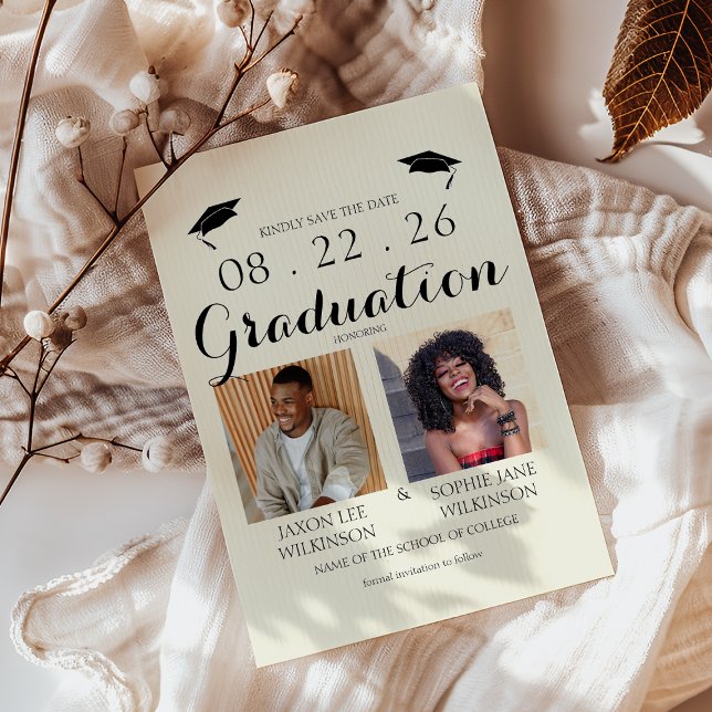 Cream Double Graduation 2 Photo Graduation Invitation (Creator Uploaded)
