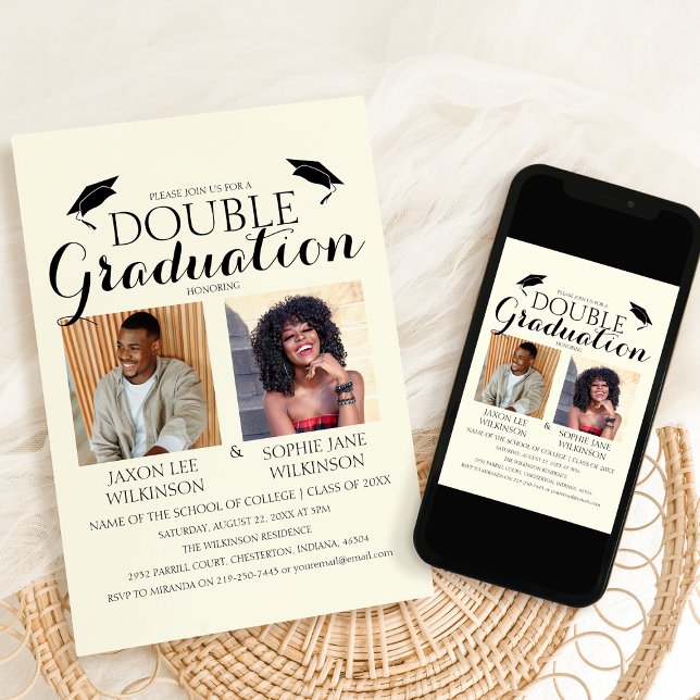 Cream Double Graduation 2 Photo Graduation Party Invitation (Creator Uploaded)