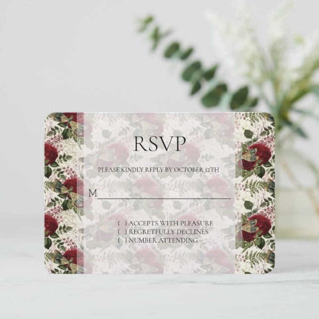 Cream Dragonflies and Roses Wedding RSVP Card (Standing Front)