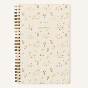 Cream Duck Wildflower Pattern Personalized Name Notebook