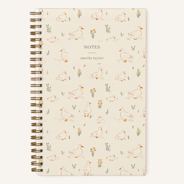 Cream Duck Wildflower Pattern Personalized Name Notebook (Front)