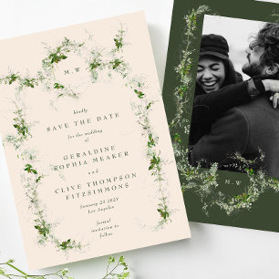 Cream Elegant Eucalyptus Wreath Monogram Photo Save The Date