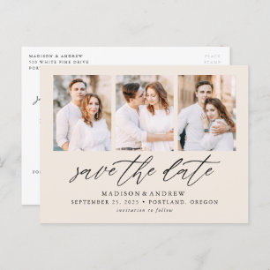 Cream Elegant Script 3 Photo Collage Save the Date Announcement Postcard
