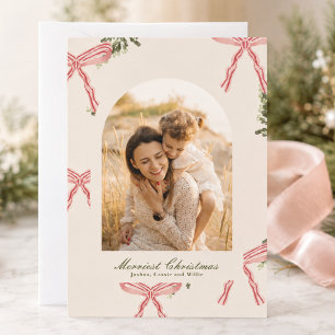 Cream Elegant, Traditional & Preppy Bows & Greens Holiday Card