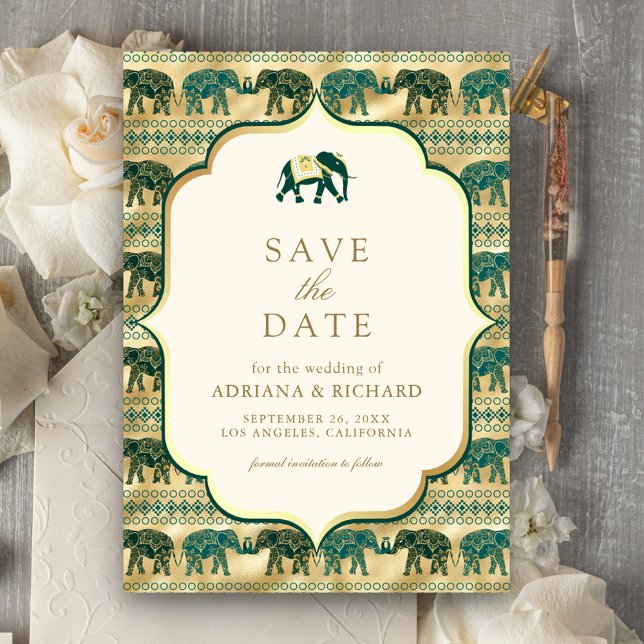 Cream Emerald Gold Elephant Indian Wedding Photo Save The Date (Creator Uploaded)