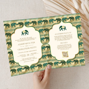 Cream Emerald Green Gold Elephant Indian Wedding Invitation