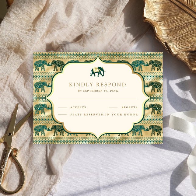 Cream Emerald Green Gold Elephant Indian Wedding RSVP Card (Creator Uploaded)