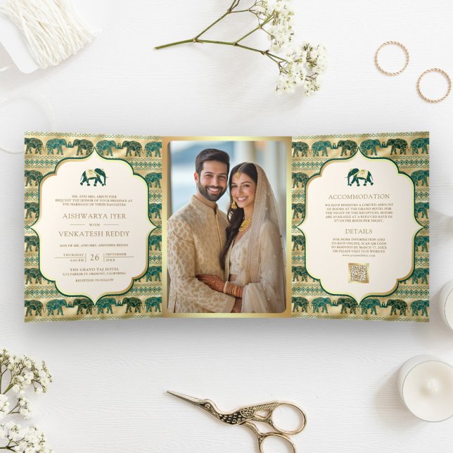Cream Emerald Green Gold Elephant Indian Wedding Tri-Fold Invitation (Creator Uploaded)