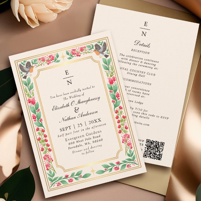 Cream Enchanting Botanical Floral Wedding QR Code Invitation (Creator Uploaded)