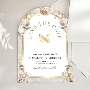 Cream Floral Arch Butterfly Wedding Save the Date Acrylic Invitations