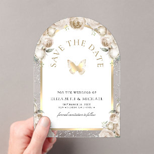 Cream Floral Arch Butterfly Wedding Save the Date Acrylic Invitations