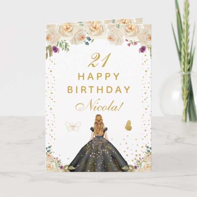 Cream Floral Blonde Hair Girl Birthday Card (Front)