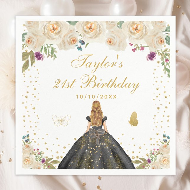 Cream Floral Blonde Hair Girl Birthday Party Napkin (Creator Uploaded)