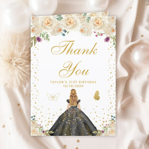 Cream Floral Blonde Hair Girl Birthday Party Thank You Card