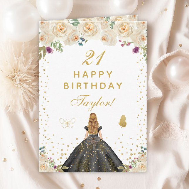 Cream Floral Blonde Hair Girl Happy Birthday Card (Creator Uploaded)
