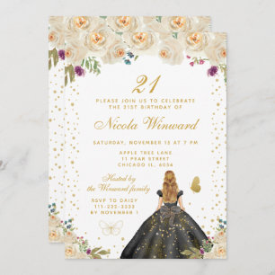 Cream Floral Blonde Hair Princess Birthday Party Invitation
