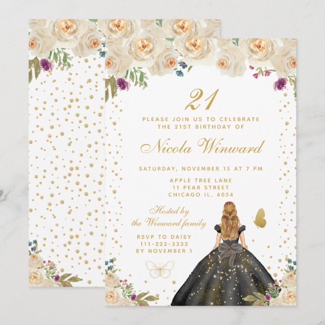 Cream Floral Blonde Hair Princess Birthday Party Invitation (Front/Back)