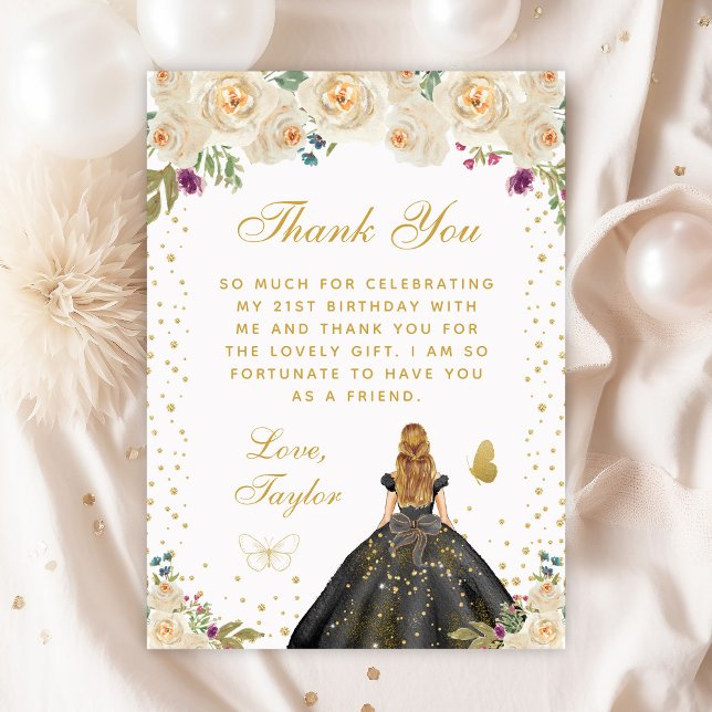 Cream Floral Blonde Hair Princess Birthday Party Thank You Card (Creator Uploaded)