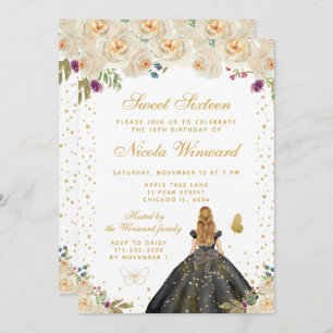 Cream Floral Blonde Hair Princess Sweet Sixteen Invitation
