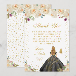 Cream Floral Blonde Hair Princess Sweet Sixteen Thank You Card