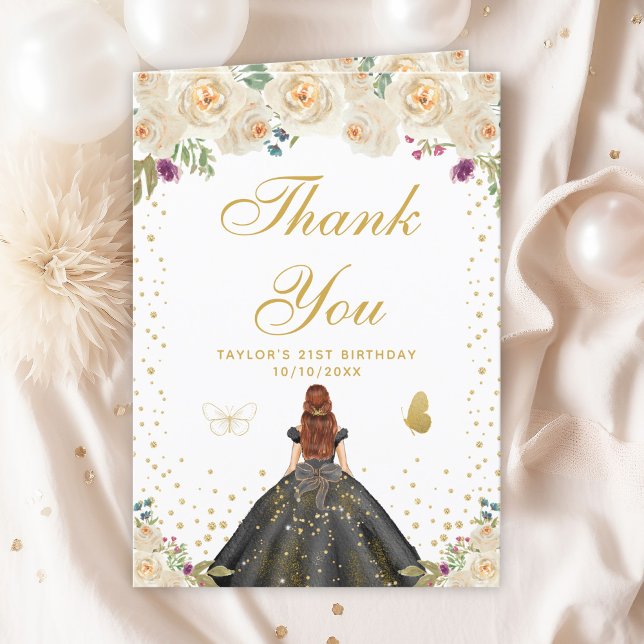 Cream Floral Brown Hair Girl Birthday Party Thank You Card (Creator Uploaded)