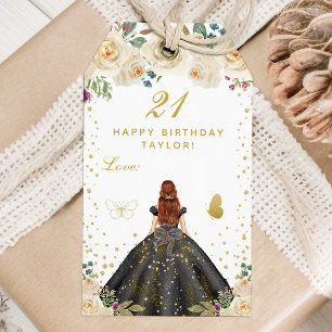 Cream Floral Brown Hair Girl Happy Birthday Gift Tags