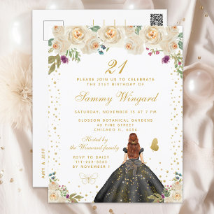 Cream Floral Brown Hair Princess Birthday Party Postcard