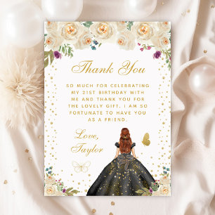 Cream Floral Brown Hair Princess Birthday Party Thank You Card