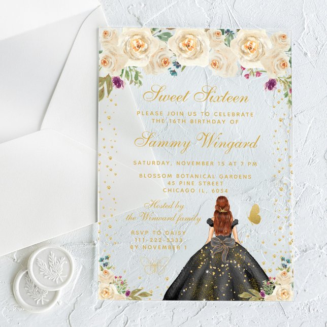 Cream Floral Brown Hair Princess Sweet Sixteen Acrylic Invitations (Creator Uploaded)