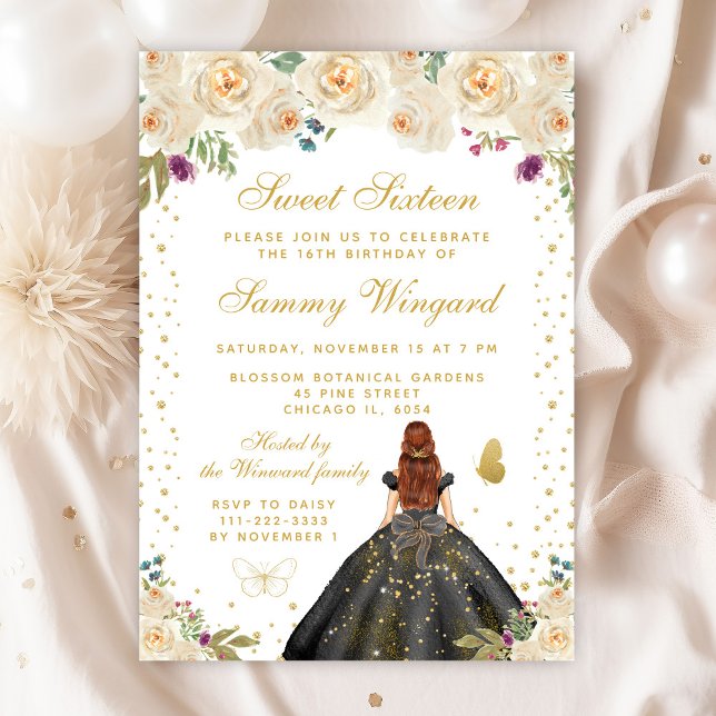 Cream Floral Brown Hair Princess Sweet Sixteen Invitation (Creator Uploaded)