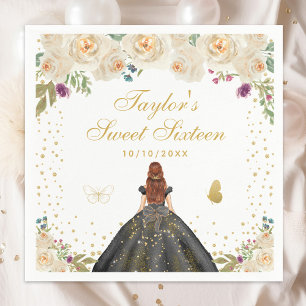 Cream Floral Brown Hair Princess Sweet Sixteen Napkin