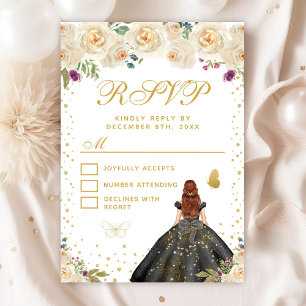 Cream Floral Brown Hair Princess Sweet Sixteen RSVP Card