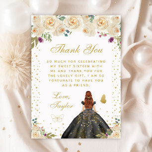 Cream Floral Brown Hair Princess Sweet Sixteen Thank You Card