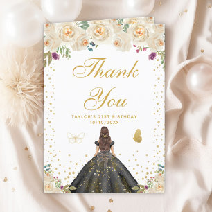 Cream Floral Brunette Hair Girl Birthday Party Thank You Card