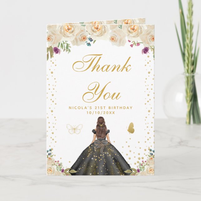 Cream Floral Brunette Hair Girl Birthday Thank You Card (Front)