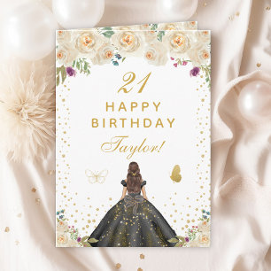 Cream Floral Brunette Hair Girl Happy Birthday Card