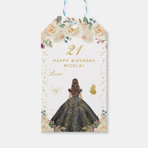 Cream Floral Brunette Hair Girl Happy Birthday Gift Tags