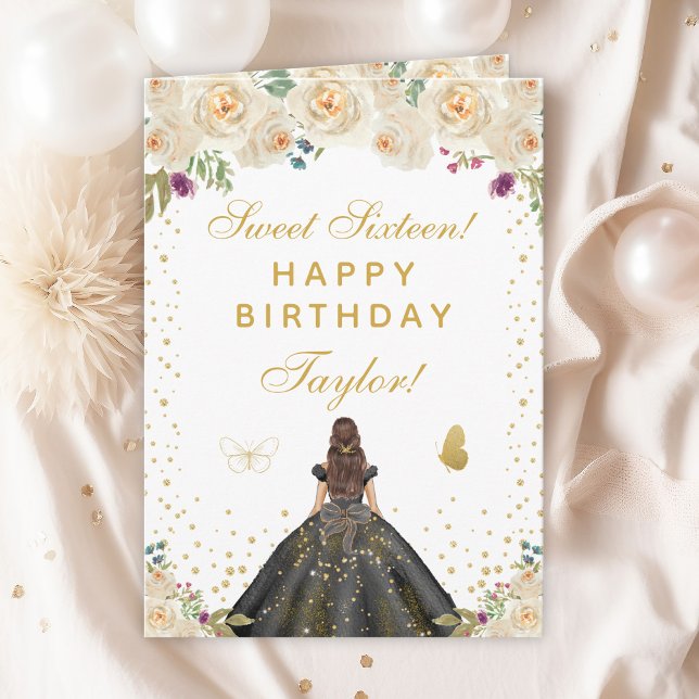 Cream Floral Brunette Hair Girl Sweet Sixteen Card (Creator Uploaded)