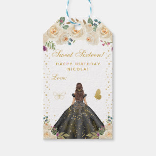 Cream Floral Brunette Hair Girl Sweet Sixteen Gift Tags
