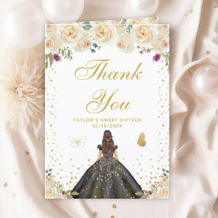 Cream Floral Brunette Hair Girl Sweet Sixteen Thank You Card