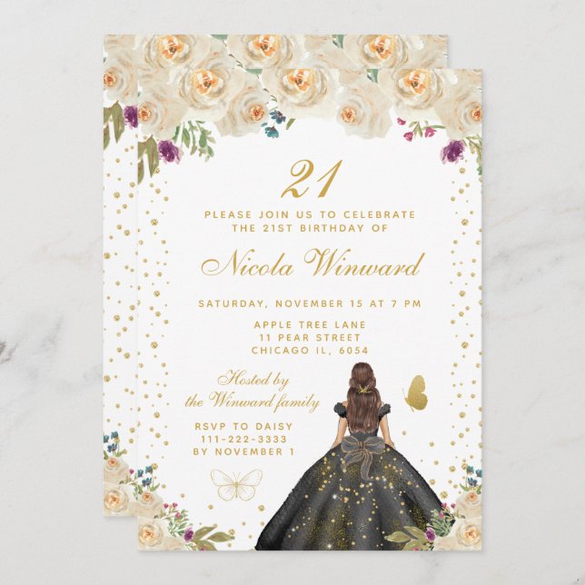 Cream Floral Brunette Hair Princess Birthday Party Invitation (Front/Back)