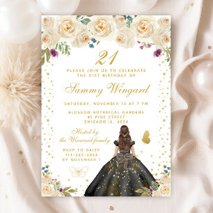 Cream Floral Brunette Hair Princess Birthday Party Invitation
